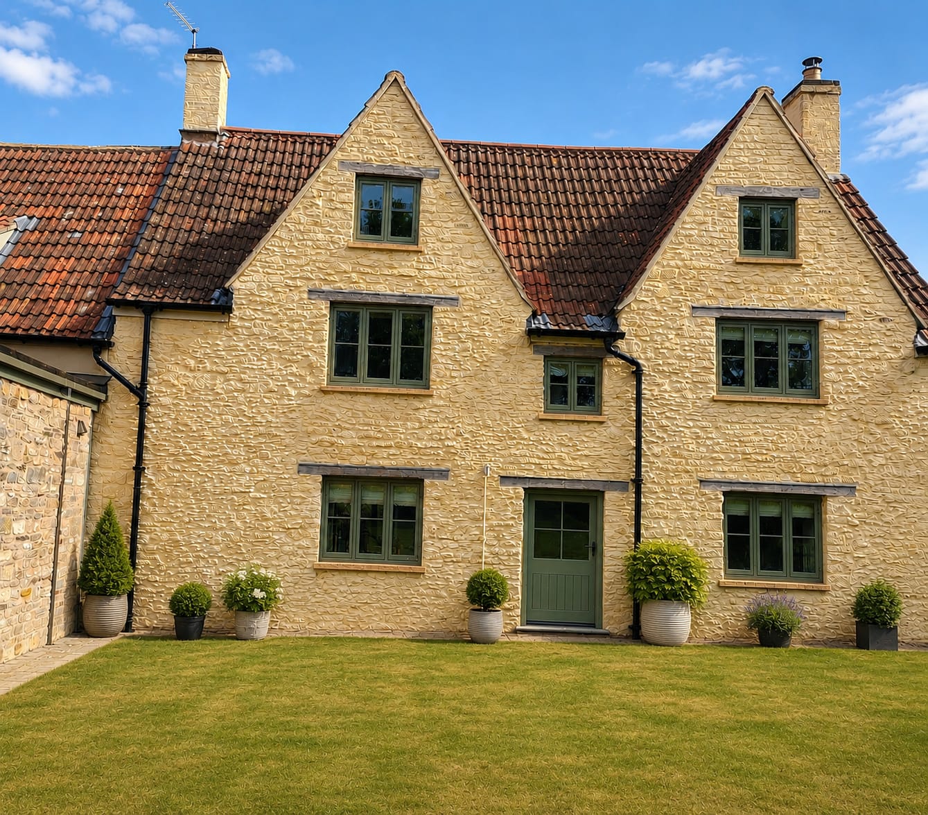 Cotswold stone farmhouse with heritage green flush casement windows