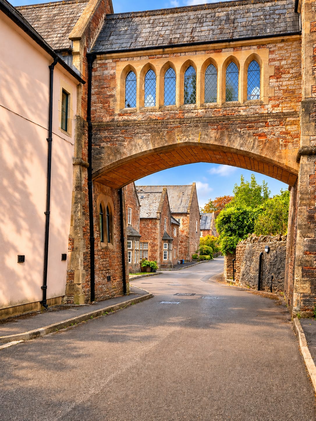 Stone archway and heritage cottages with leaded gothic windows